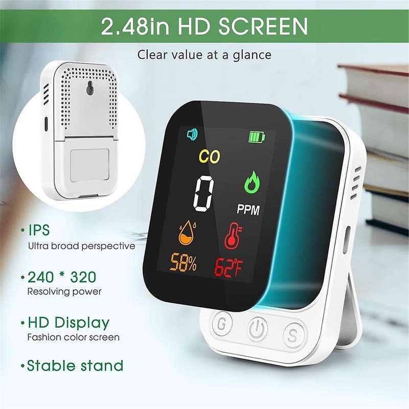 Carbon Monoxide Detector 3-In-1 CO Temperature Monitor with 2.48In HD Screen & Indicator Visual for