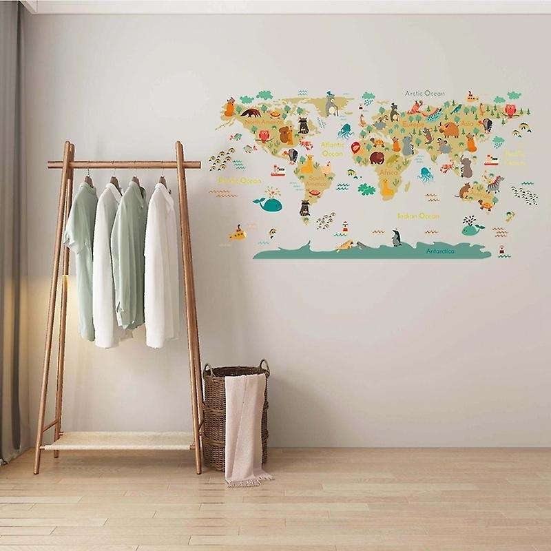 Cartoon Animals World Map Wall Stickers Diy Wallpaper for Kids Room Bedroom Nursery Wall Decor Wall