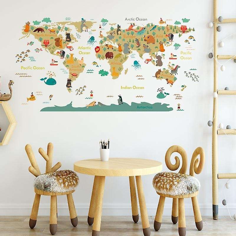 Cartoon Animals World Map Wall Stickers Diy Wallpaper for Kids Room Bedroom Nursery Wall Decor Wall