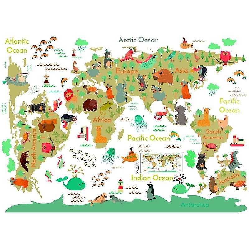 Cartoon Animals World Map Wall Stickers Diy Wallpaper for Kids Room Bedroom Nursery Wall Decor Wall