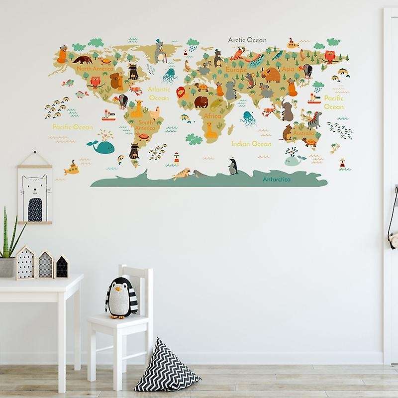 Cartoon Animals World Map Wall Stickers Diy Wallpaper for Kids Room Bedroom Nursery Wall Decor Wall