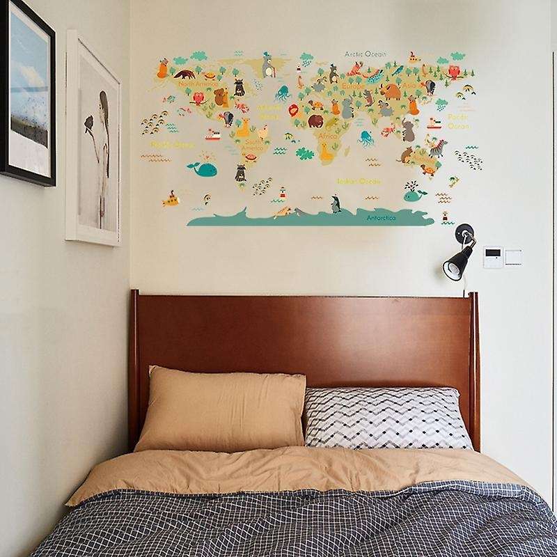 Cartoon Animals World Map Wall Stickers Diy Wallpaper for Kids Room Bedroom Nursery Wall Decor Wall
