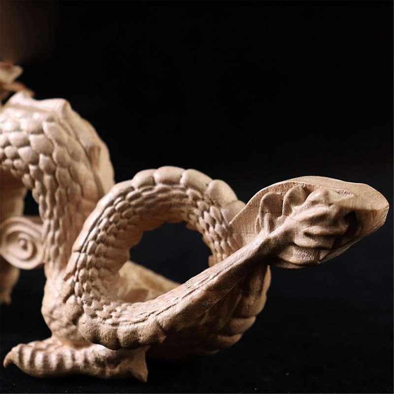 Carved Wood Dragon Statue Sculpture Animal Figurine Brings Good Lucky for Success Mascot Gift