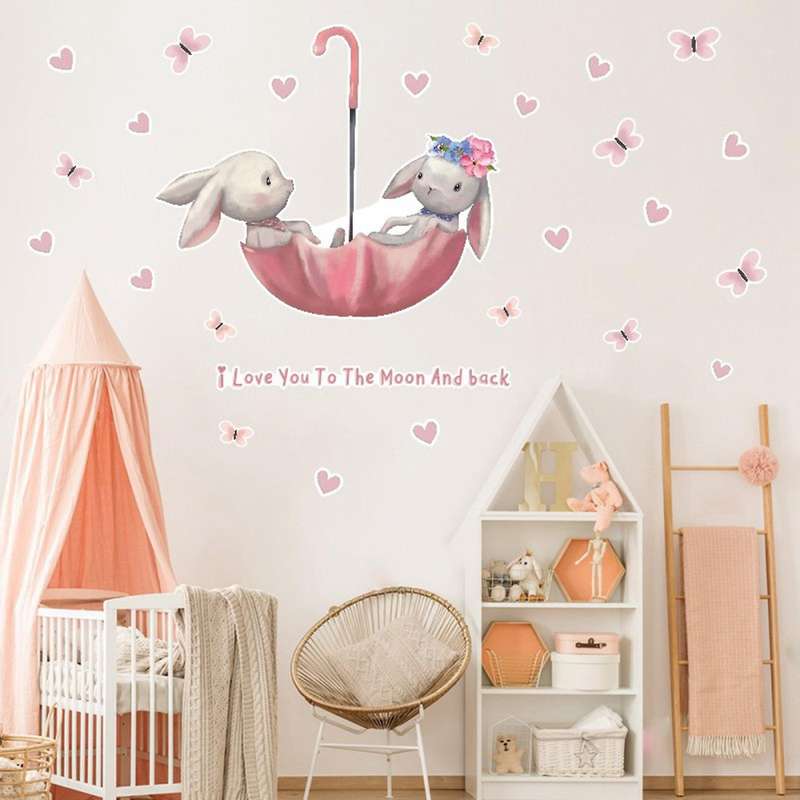 Cartoon Rabbit Butterfly Umbrella Bunny Wall Stickers for Kids Room Baby Room Decor Wall Decals Roo