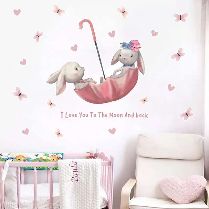Cartoon Rabbit Butterfly Umbrella Bunny Wall Stickers for Kids Room Baby Room Decor Wall Decals Roo