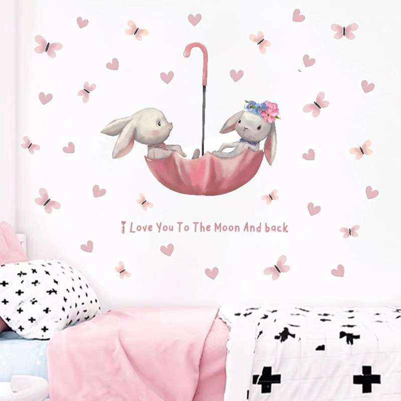 Cartoon Rabbit Butterfly Umbrella Bunny Wall Stickers for Kids Room Baby Room Decor Wall Decals Roo