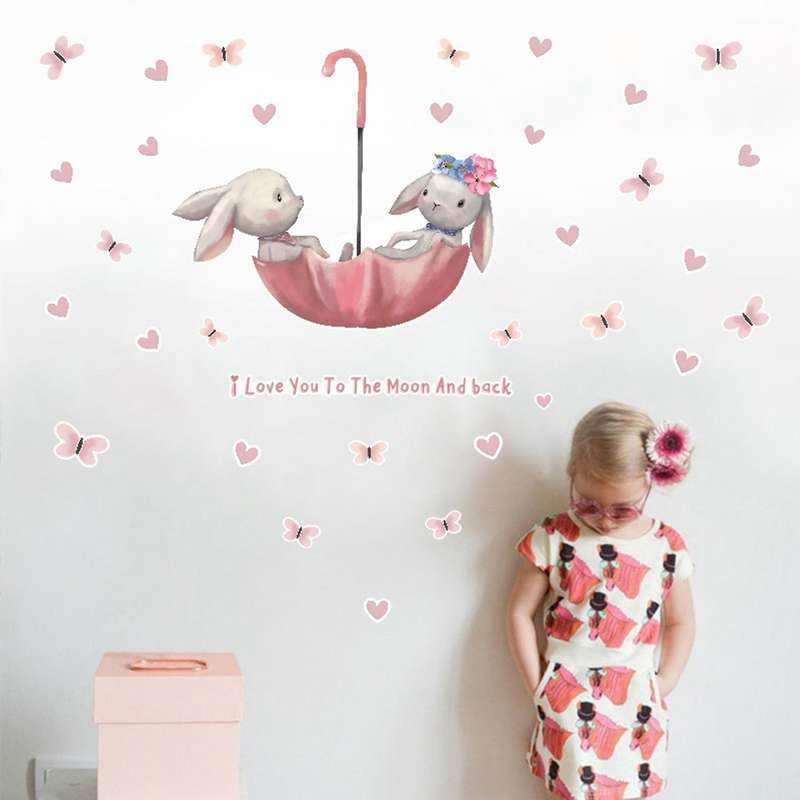 Cartoon Rabbit Butterfly Umbrella Bunny Wall Stickers for Kids Room Baby Room Decor Wall Decals Roo