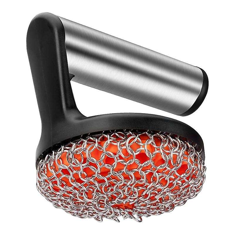 Cast Iron Scrubber with Handle, Stainless Steel Chainmail Cleaner for Pans and Skillets - Cast Iron
