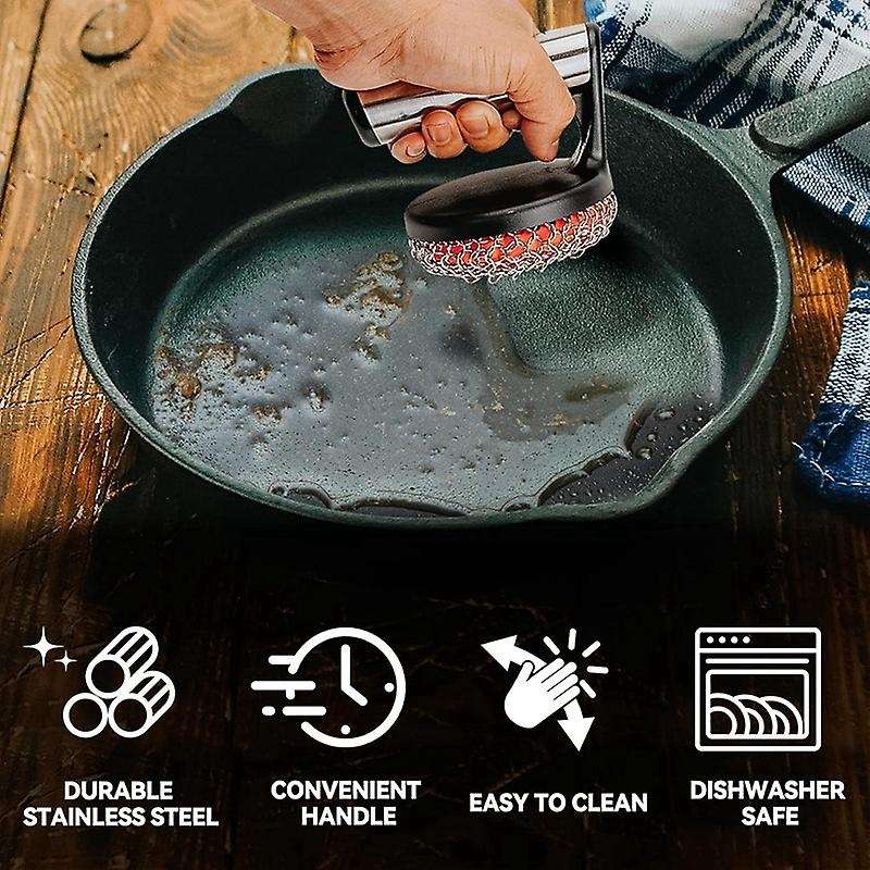 Cast Iron Scrubber with Handle, Stainless Steel Chainmail Cleaner for Pans and Skillets - Cast Iron