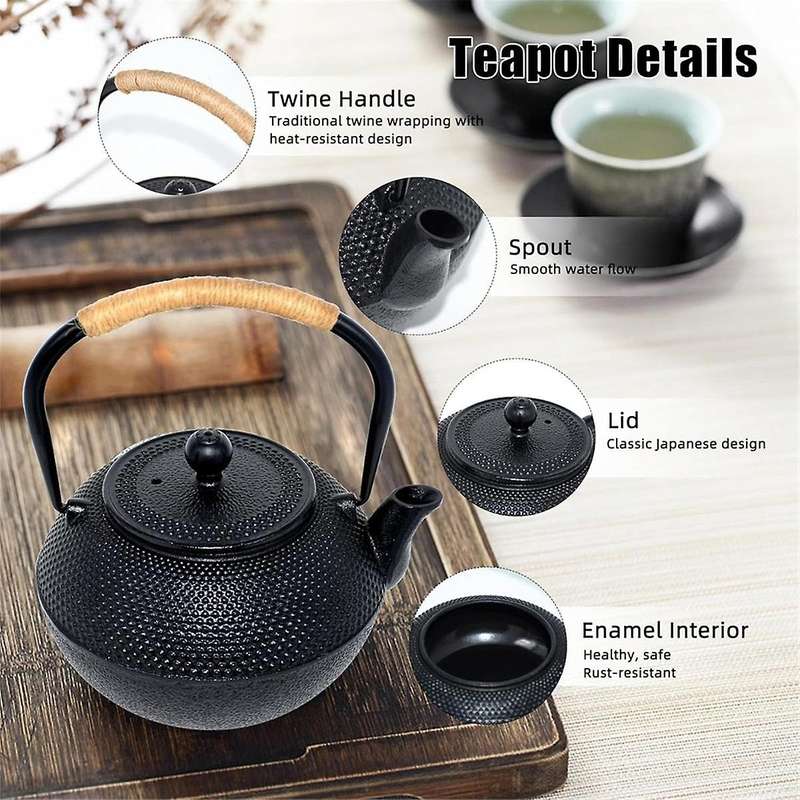 Cast Iron Tea Pot - Twine Handle Teapot Kettle with Infuser and Enameled Interior for , 1.2L/40 Oz
