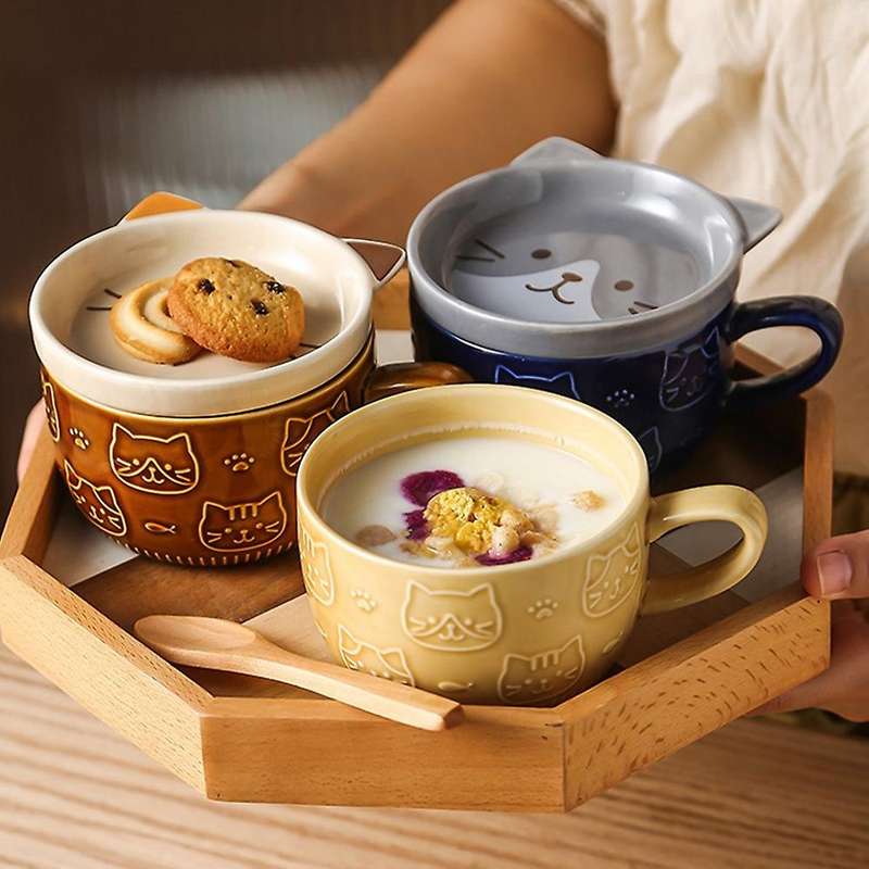 Ceramic Coffee Mugs with Lid Cute Porcelain Cup Family Breakfast Milk Juice Cup Beverage(Yellow)