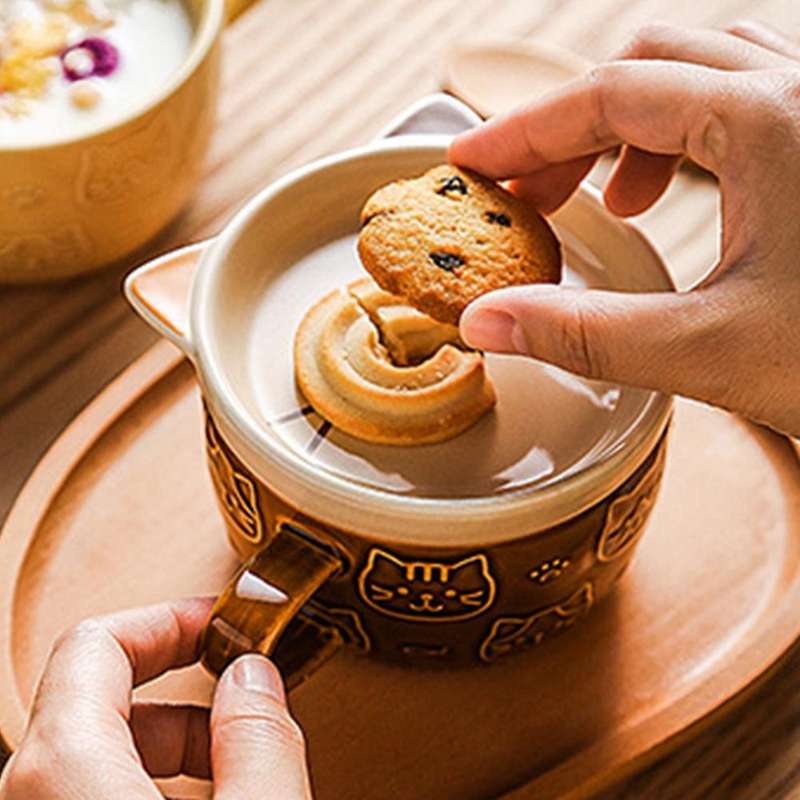 Ceramic Coffee Mugs with Lid Cute Porcelain Cup Family Breakfast Milk Juice Cup Beverage(Yellow)