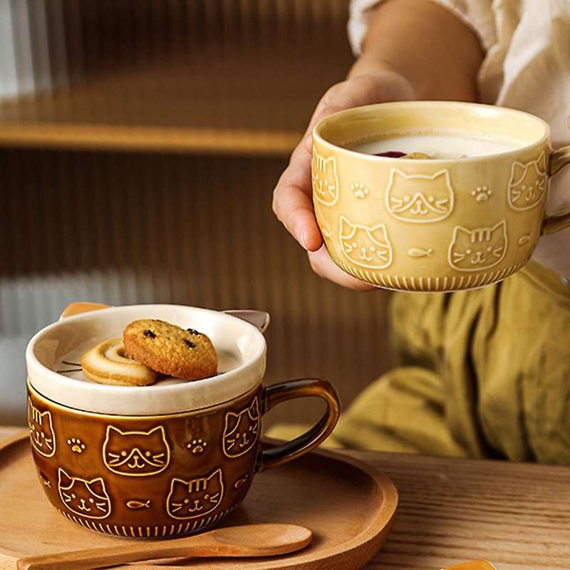 Ceramic Coffee Mugs with Lid Cute Porcelain Cup Family Breakfast Milk Juice Cup Beverage(Yellow)