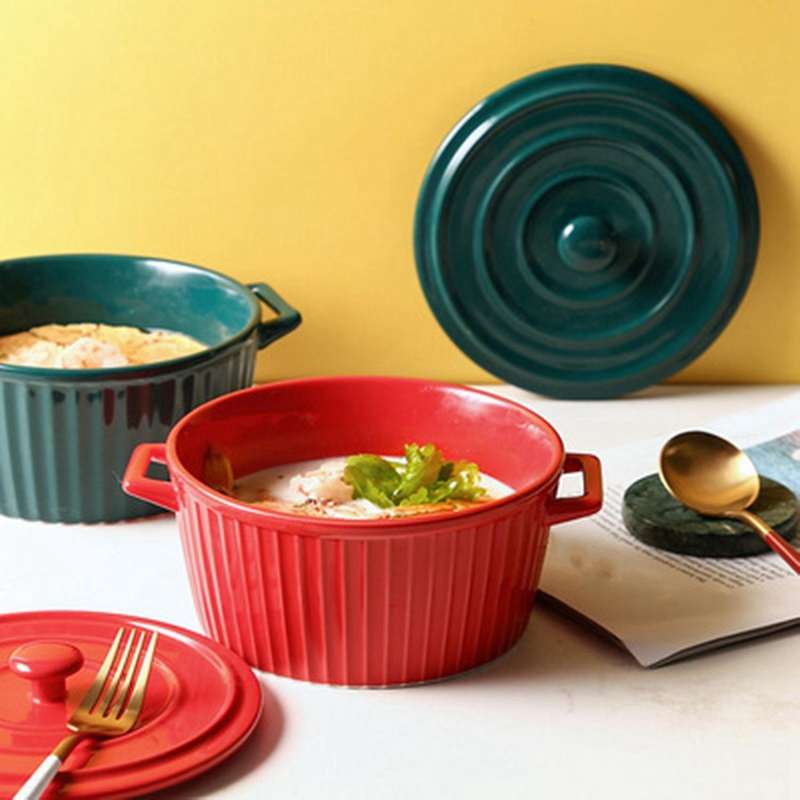Ceramic Casserole with Lid, 1600Ml Ceramic Bakeware Soup Bowl (Red)