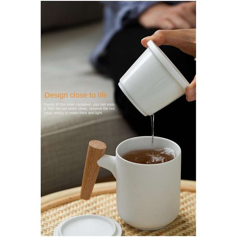 Ceramic Frosted Tea Cup with Lid and Filter Large Capacity Wooden Handle Coffee Mug Tea Water Separa
