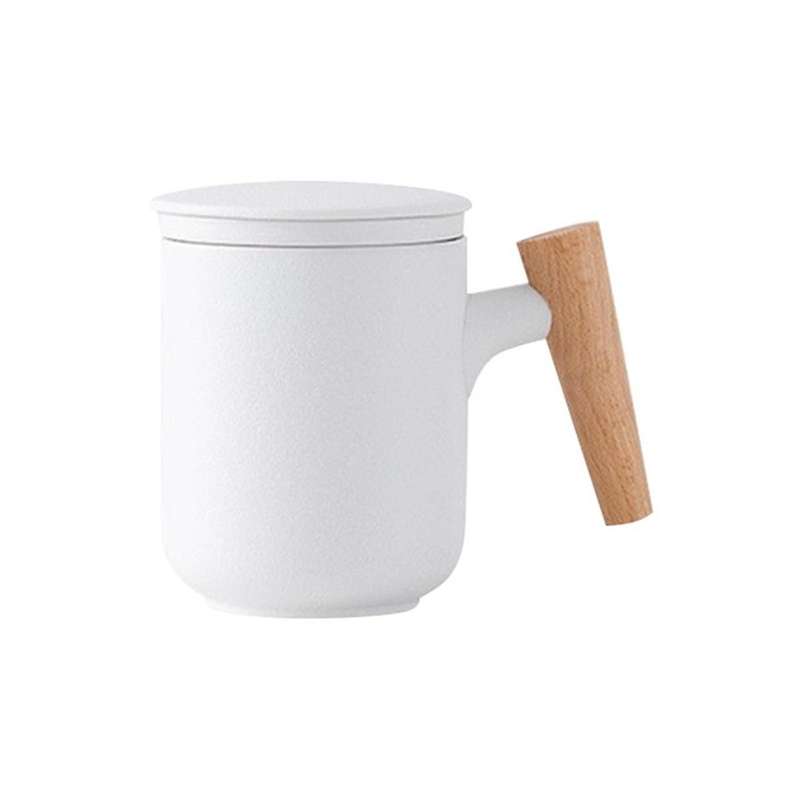 Ceramic Frosted Tea Cup with Lid and Filter Large Capacity Wooden Handle Coffee Mug Tea Water Separa