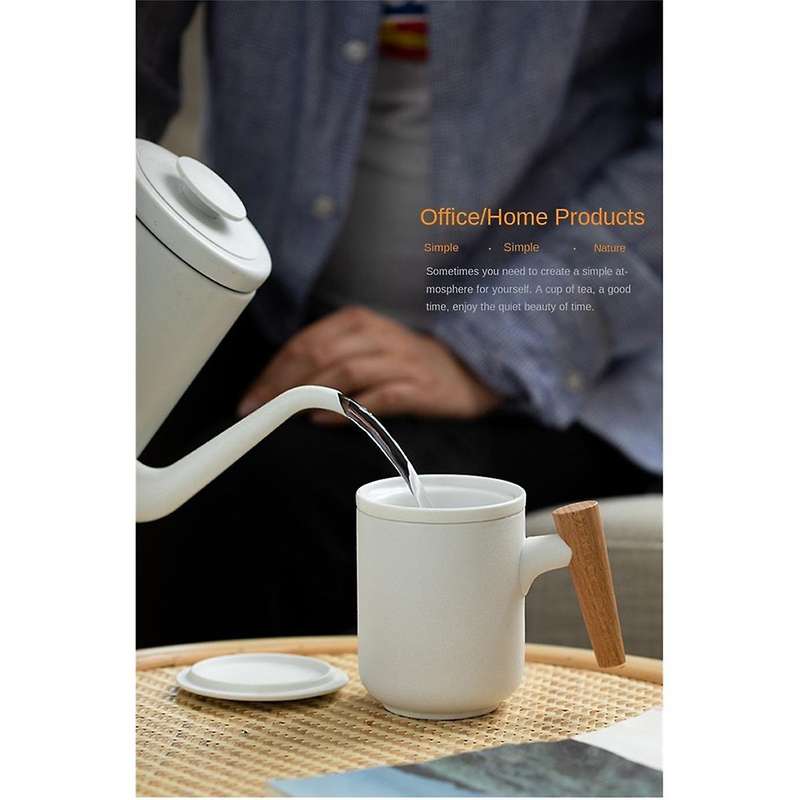 Ceramic Frosted Tea Cup with Lid and Filter Large Capacity Wooden Handle Coffee Mug Tea Water Separa