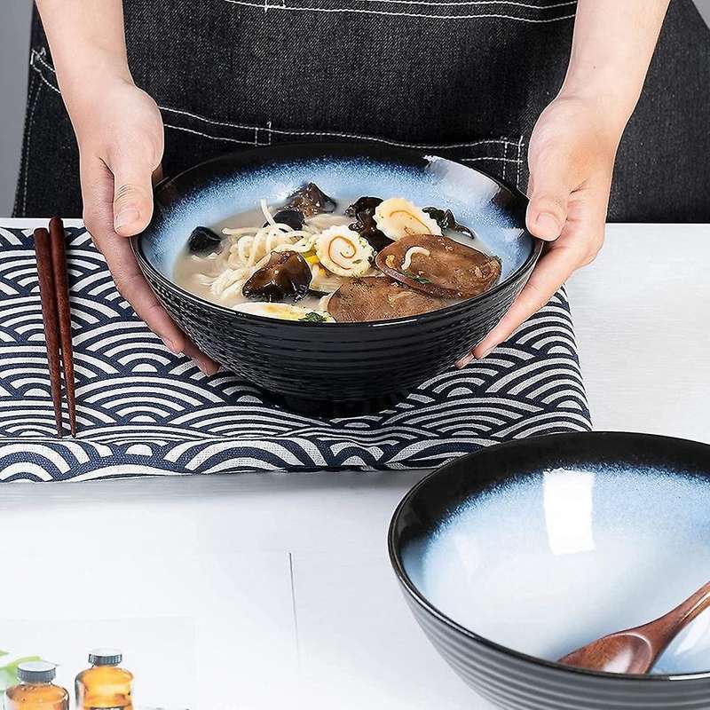 Ceramic Japanese Ramen Bowl Set 8 Inch Pho Noodle Bowl with Spoon and Chopsticks Blue & black