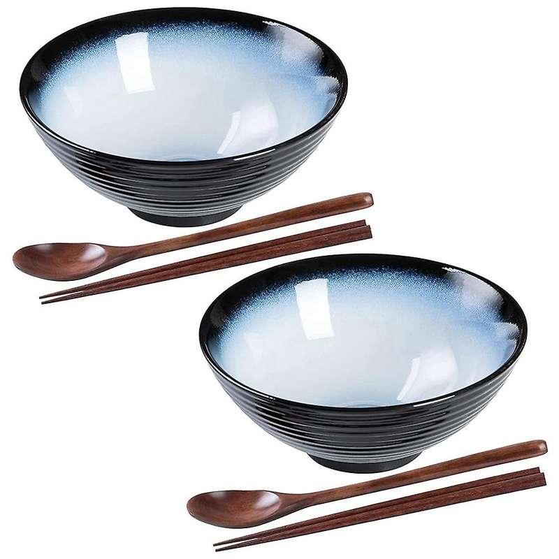 Ceramic Japanese Ramen Bowl Set 8 Inch Pho Noodle Bowl with Spoon and Chopsticks Blue & black