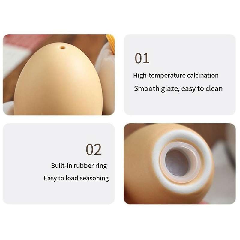 Ceramic Salt and Pepper Shaker Set, Mini Brown Egg Shaped Shakers with Carton Design Holding Stand