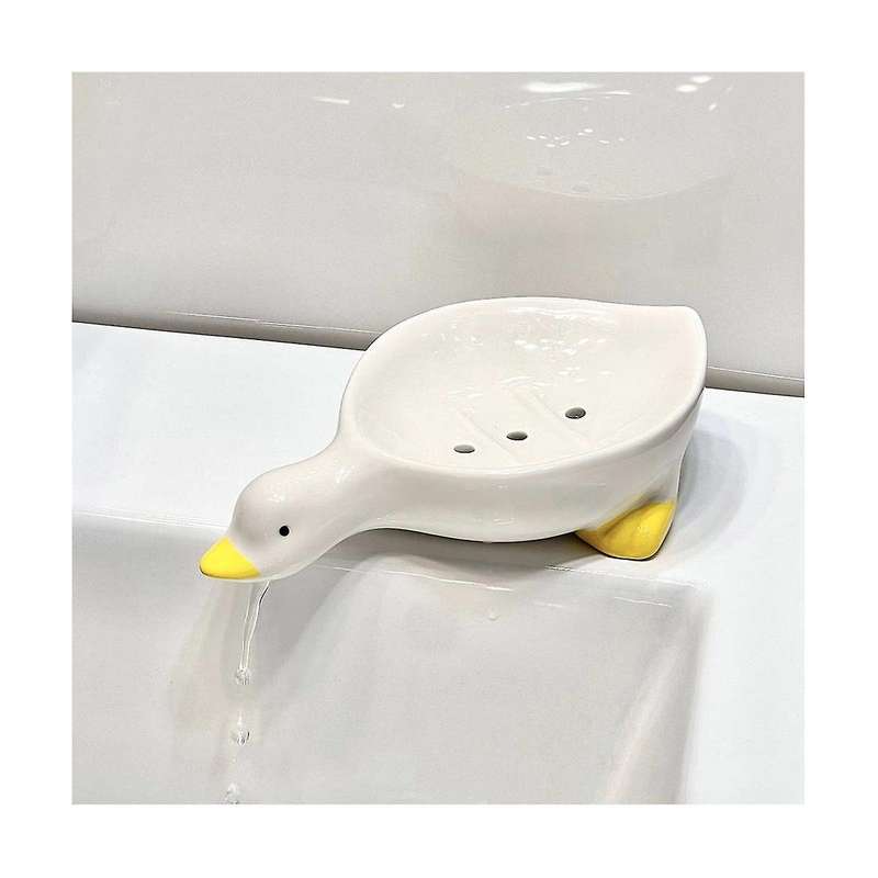 Ceramic Soap Dish with Drain, White Cute Animal Soap Dish for Shower Bathroom, Self Draining Ceramic