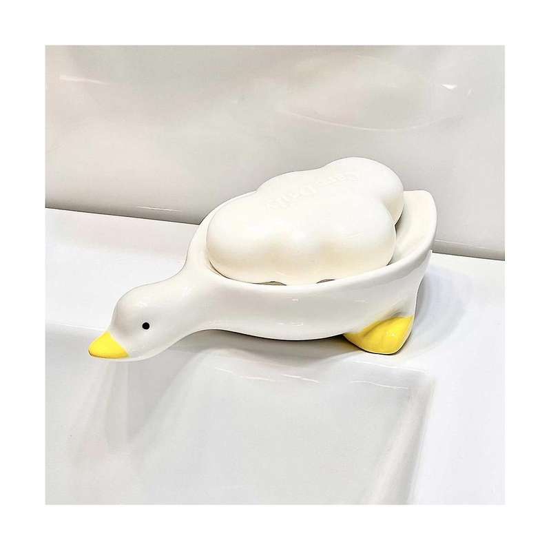 Ceramic Soap Dish with Drain, White Cute Animal Soap Dish for Shower Bathroom, Self Draining Ceramic