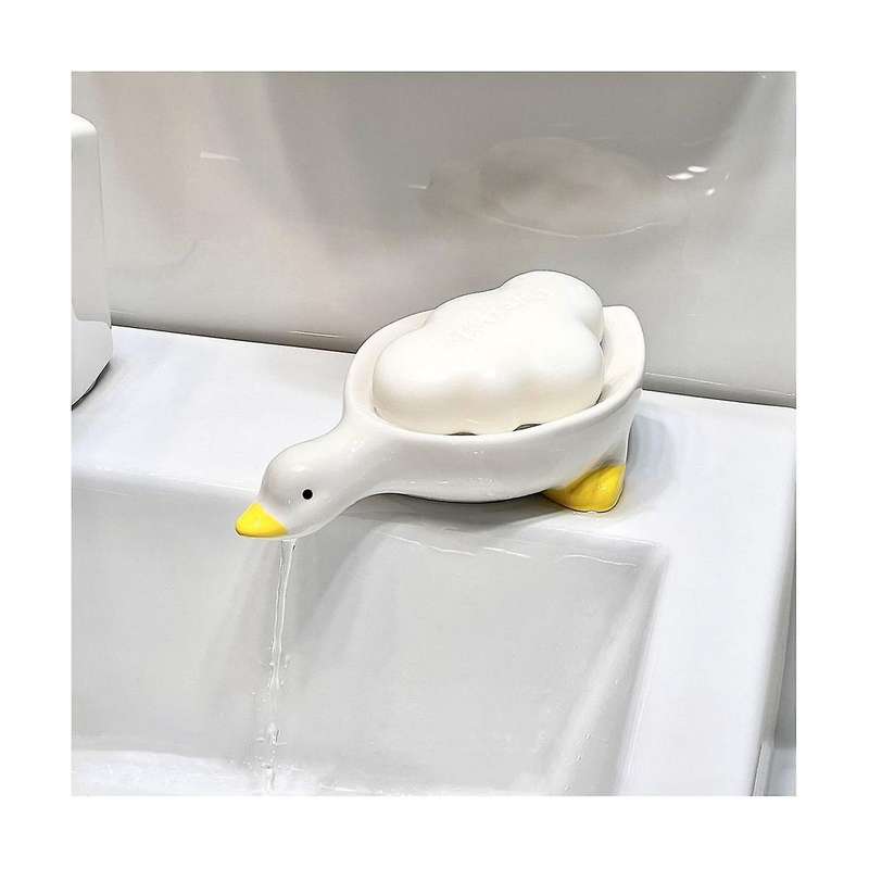 Ceramic Soap Dish with Drain, White Cute Animal Soap Dish for Shower Bathroom, Self Draining Ceramic