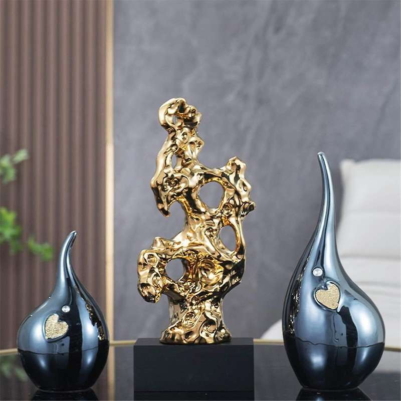 Ceramics Taihu Stone Rockery Ornament Gold Hollowed Out Stone Statue Taihuite Coral Sculpture Decora