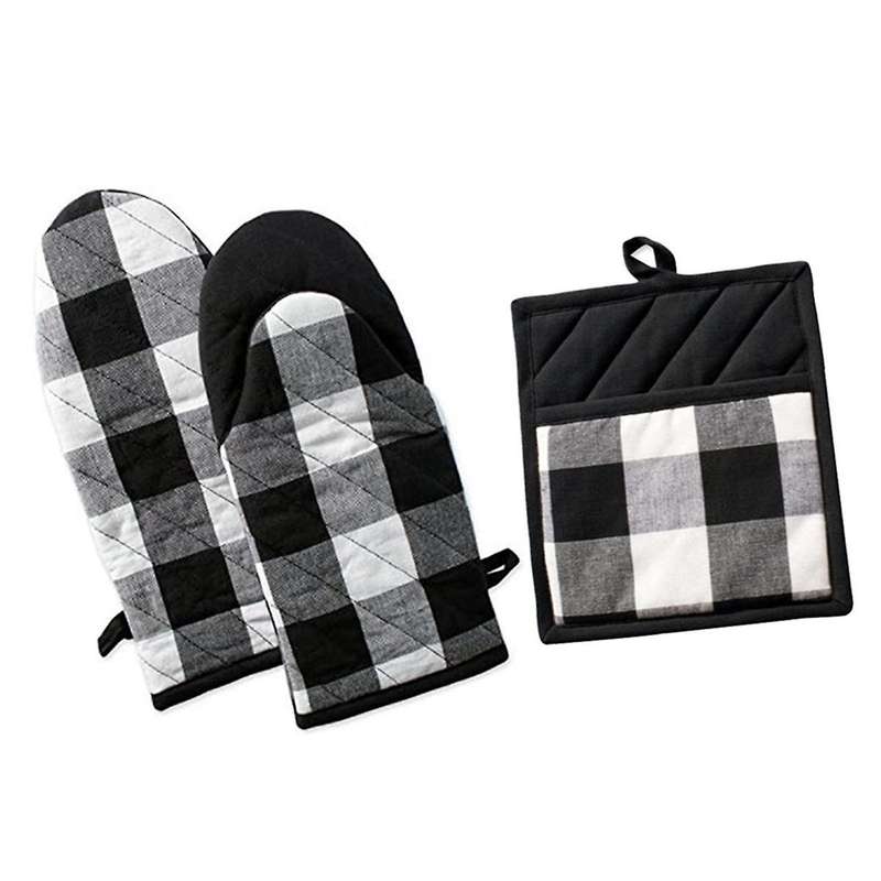 -check , Classic Farmhouse Kitchen Set, Oven Mitt and Insulation Pad Black & White