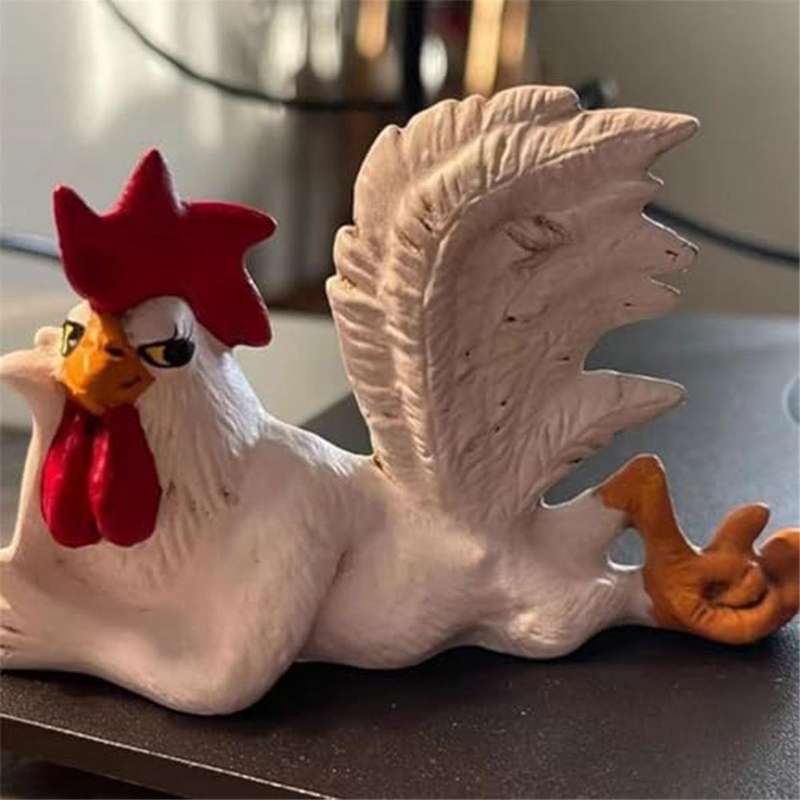 Chicken Rooster Decor Statue, Small Resin Cocks Figurine Sculpture, Mini Funny Side Lying Winking Co