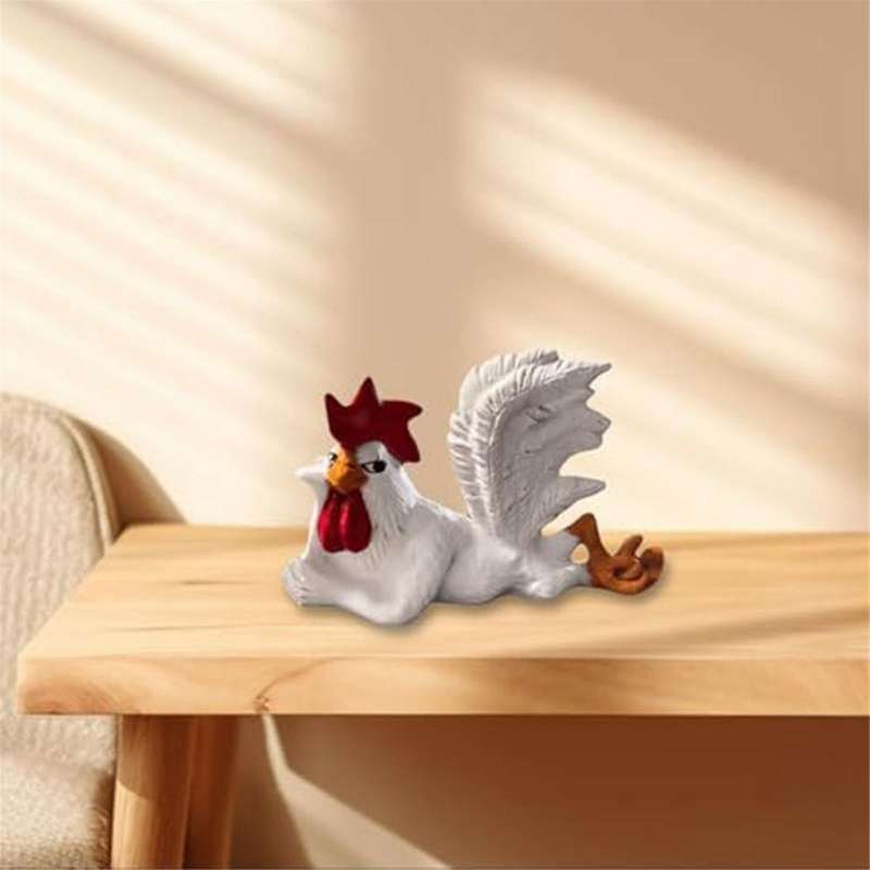 Chicken Rooster Decor Statue, Small Resin Cocks Figurine Sculpture, Mini Funny Side Lying Winking Co