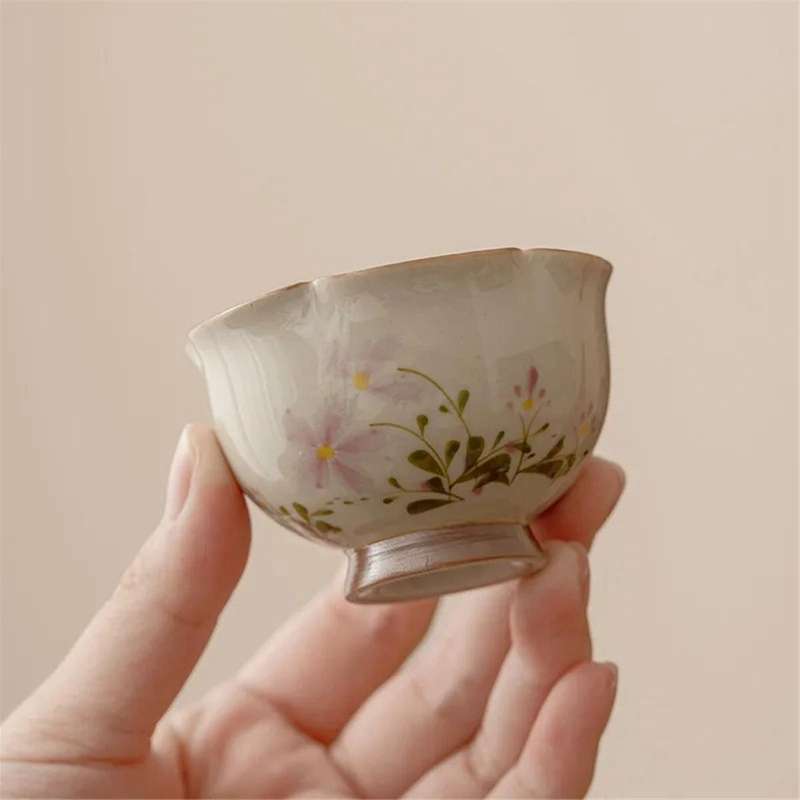 Chinese Style Grass Gray Small Daisy Bud Cup Drinking Tea Cup Family Tea Set Ceramic Tea Cup