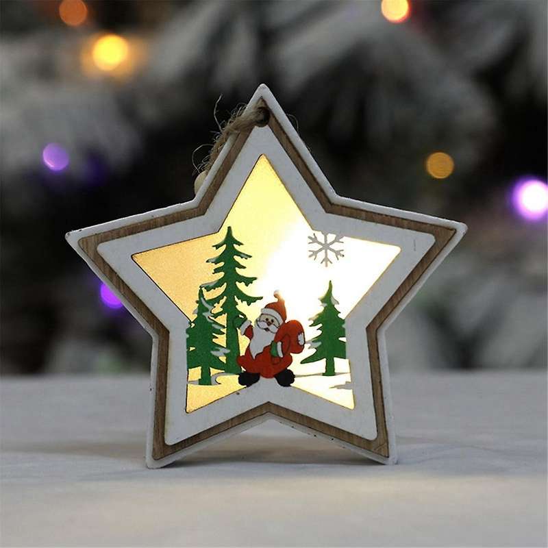 Christmas Decor, Led Wooden House Exquisite Pattern Smooth Edge Wooden Pendant Lanyard Design Realis