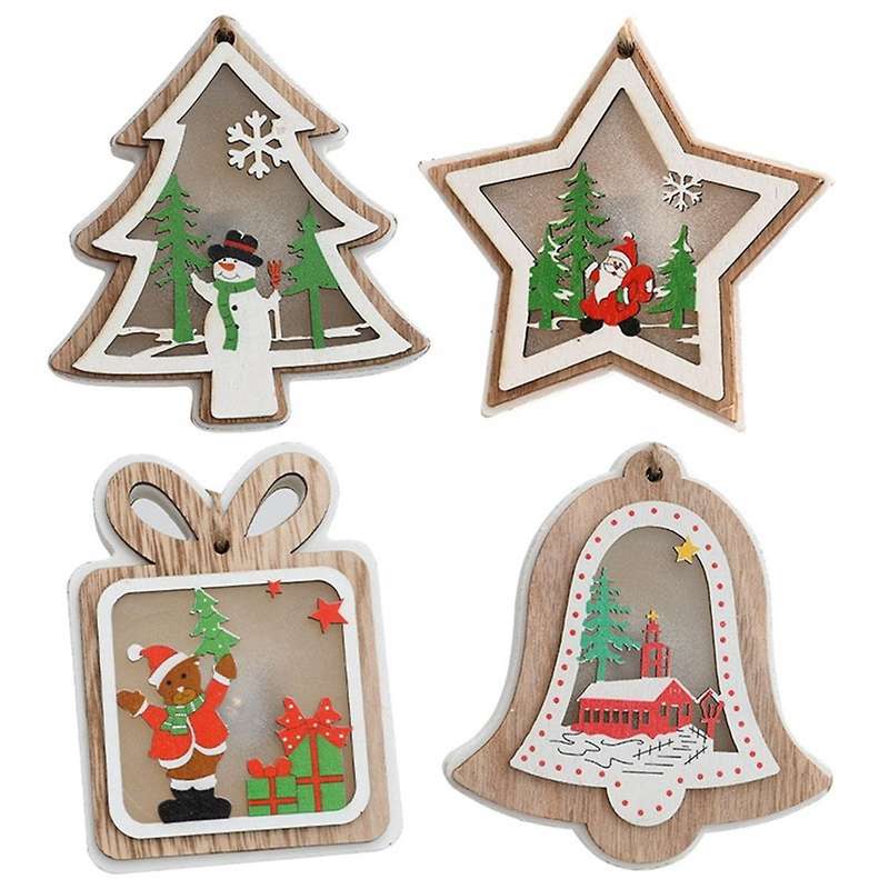 Christmas Decor, Led Wooden House Exquisite Pattern Smooth Edge Wooden Pendant Lanyard Design Realis