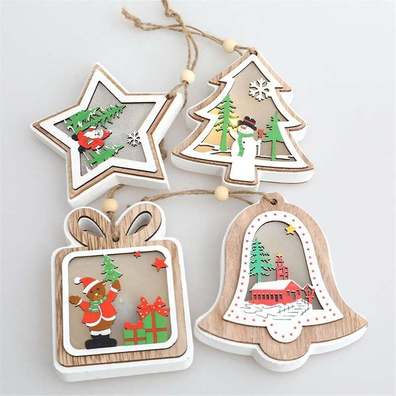 Christmas Decor, Led Wooden House Exquisite Pattern Smooth Edge Wooden Pendant Lanyard Design Realis