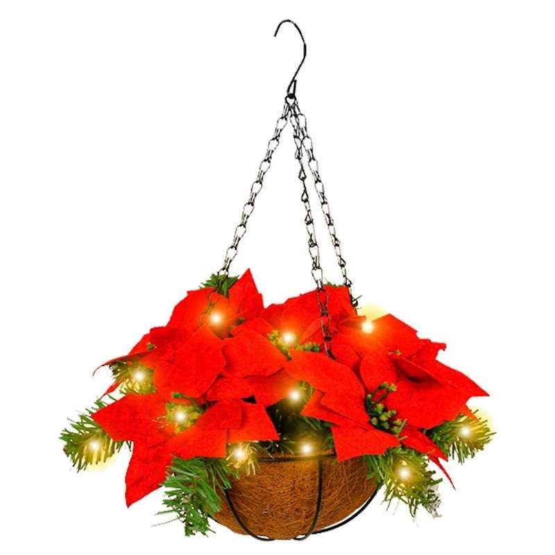 Christmas Hanging Basket with Red Flowers and for Outdoor Yard Porch Decor