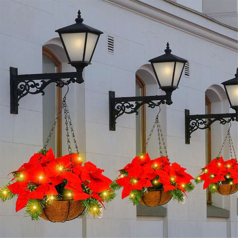 Christmas Hanging Basket with Red Flowers and for Outdoor Yard Porch Decor