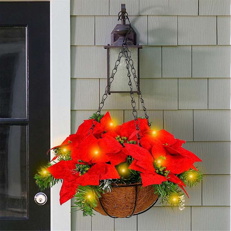 Christmas Hanging Basket with Red Flowers and for Outdoor Yard Porch Decor