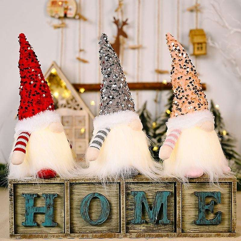 Christmas Gnomes Sequin Cap Rudolph LED Light Santa Doll Handmade Xmas Dwarf Figurines (Pink)