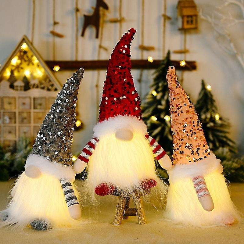 Christmas Gnomes Sequin Cap Rudolph LED Light Santa Doll Handmade Xmas Dwarf Figurines (Pink)