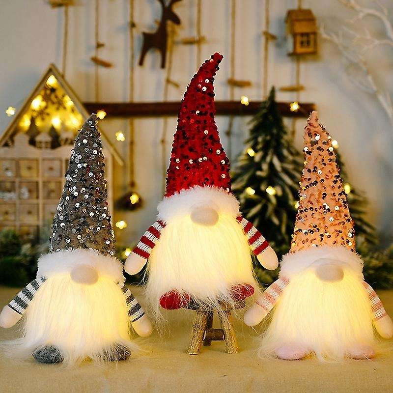 Christmas Gnomes Sequin Cap Rudolph LED Light Santa Doll Handmade Xmas Dwarf Figurines (Pink)