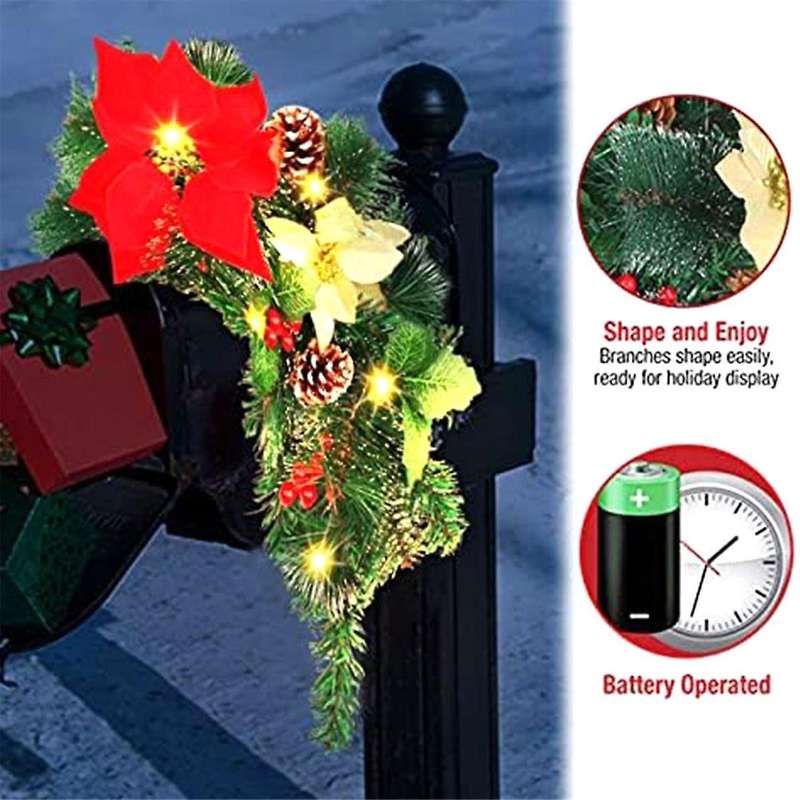 Christmas Mailbox with Lights Berry Red Flowers Clusters Pine Cones, Mailbox Christmas Outdoor, Chri
