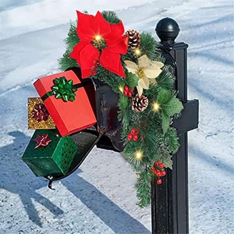 Christmas Mailbox with Lights Berry Red Flowers Clusters Pine Cones, Mailbox Christmas Outdoor, Chri
