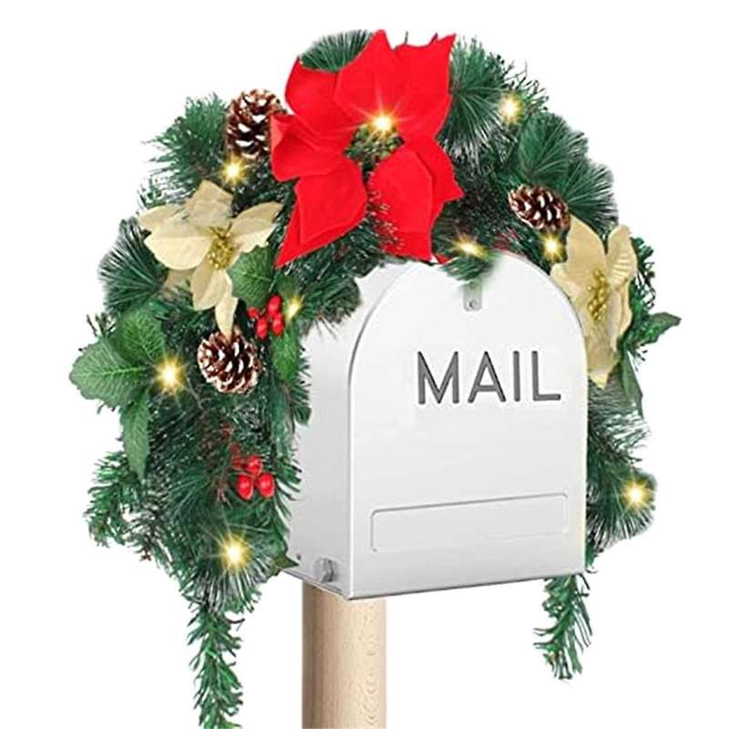 Christmas Mailbox with Lights Berry Red Flowers Clusters Pine Cones, Mailbox Christmas Outdoor, Chri