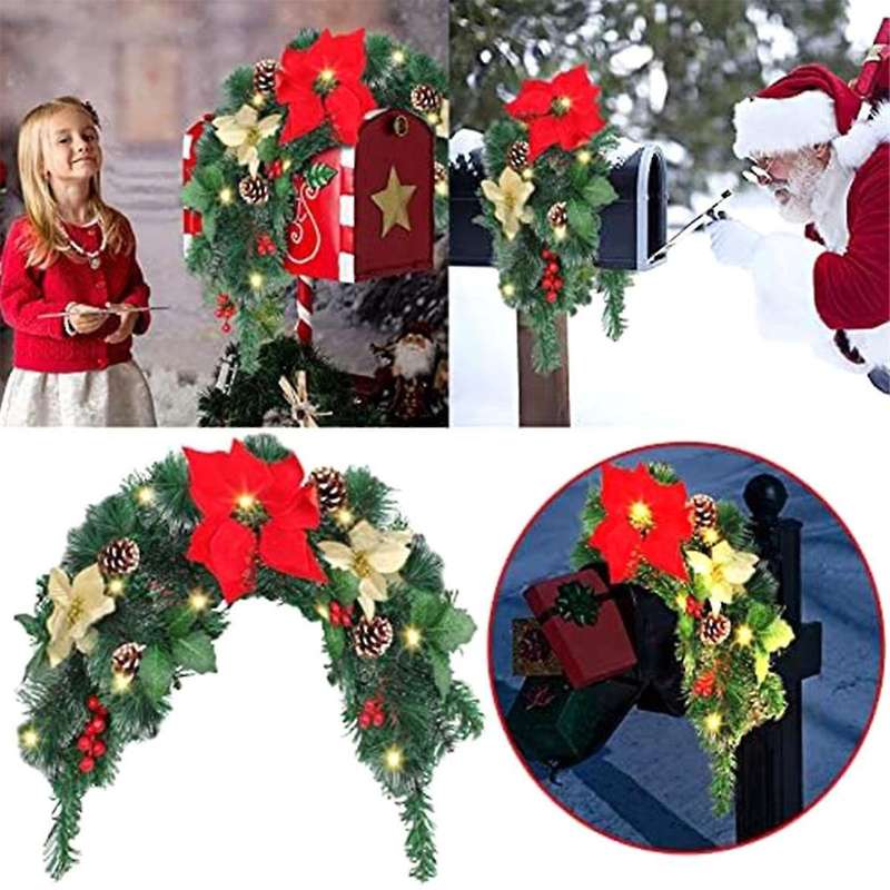 Christmas Mailbox with Lights Berry Red Flowers Clusters Pine Cones, Mailbox Christmas Outdoor, Chri