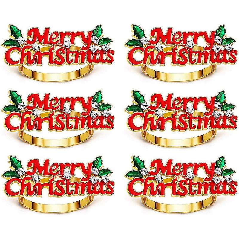 Christmas Napkin Rings Set Of 6, Red Merry Christmas Napkin Ring, Napkin Holder for Christmas Party