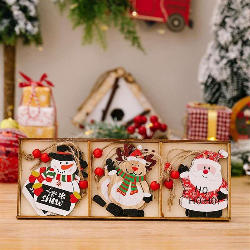 Christmas Ornaments Wooden Box Cartoon Printing Gnome Old Man Christmas Wooden Tree Pendant