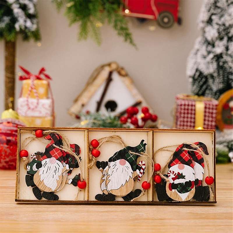 Christmas Ornaments Wooden Box Cartoon Printing Gnome Old Man Christmas Wooden Tree Pendant