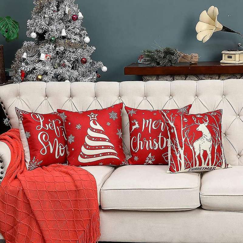 Christmas Pillow Covers 18X18 Set of 4, Christmas Holiday Throw Cushion Couch Cases for Home Decorat