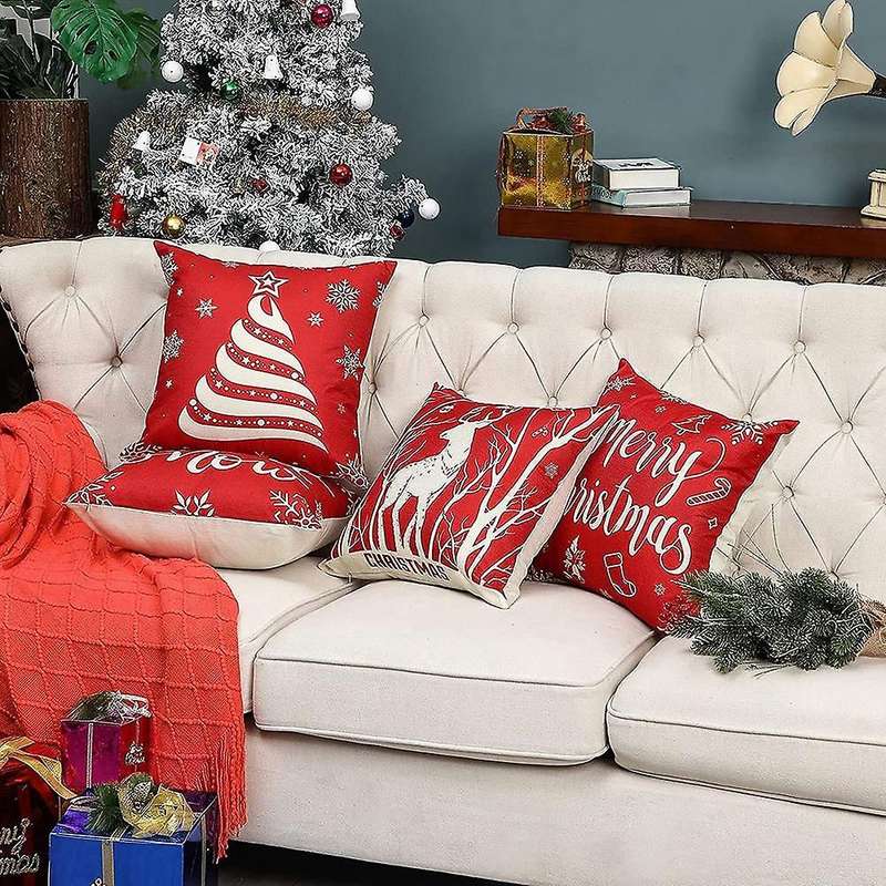 Christmas Pillow Covers 18X18 Set of 4, Christmas Holiday Throw Cushion Couch Cases for Home Decorat